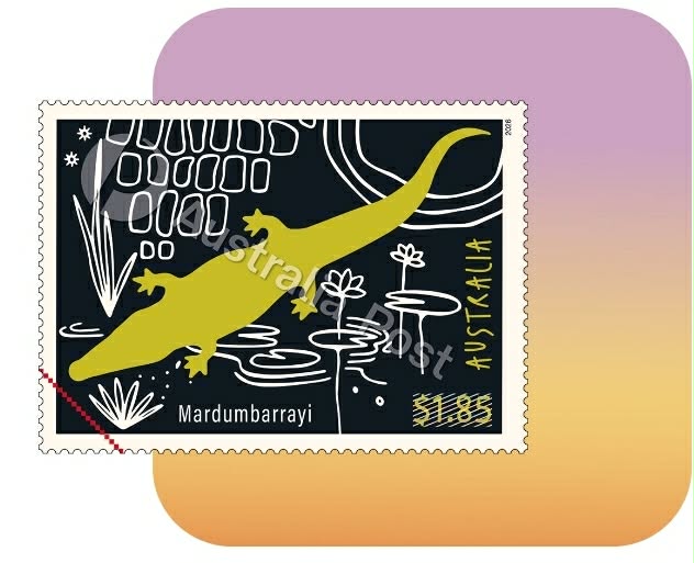 Australian postage stamp featuring a yellow crocodile illustration.